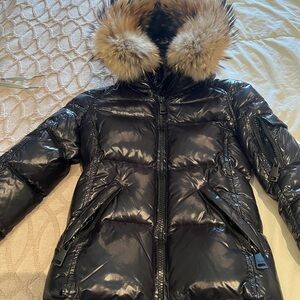 SAM. Shiny Black Puffer Jacket with Fur Hood